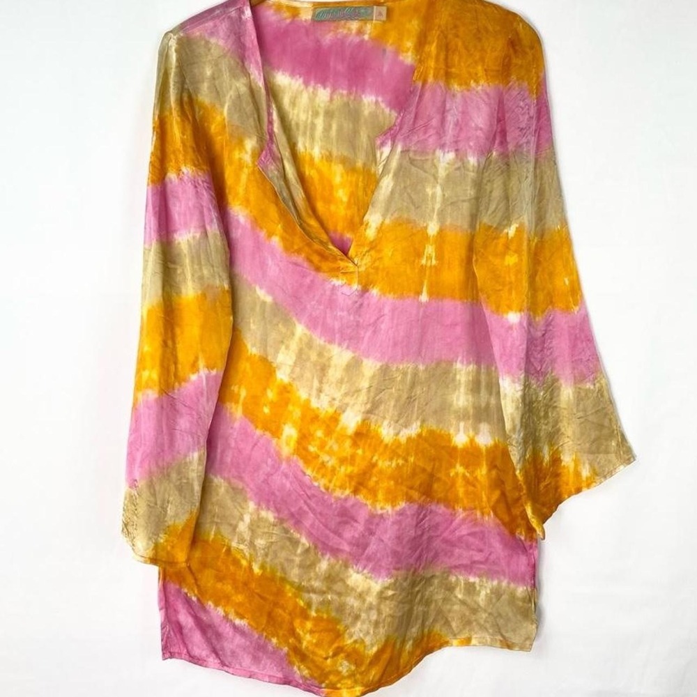 Indah Silk Coverup Blouse Top Tie Dye Size Medium Pink Tunic